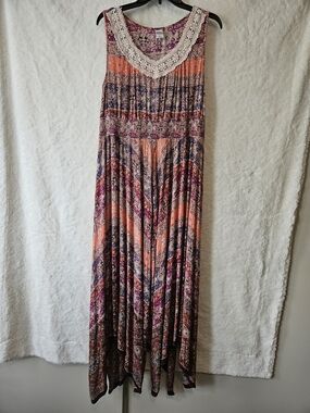Bila Coral and Purple Boho Maxi Dress with Crochet V-Neck
